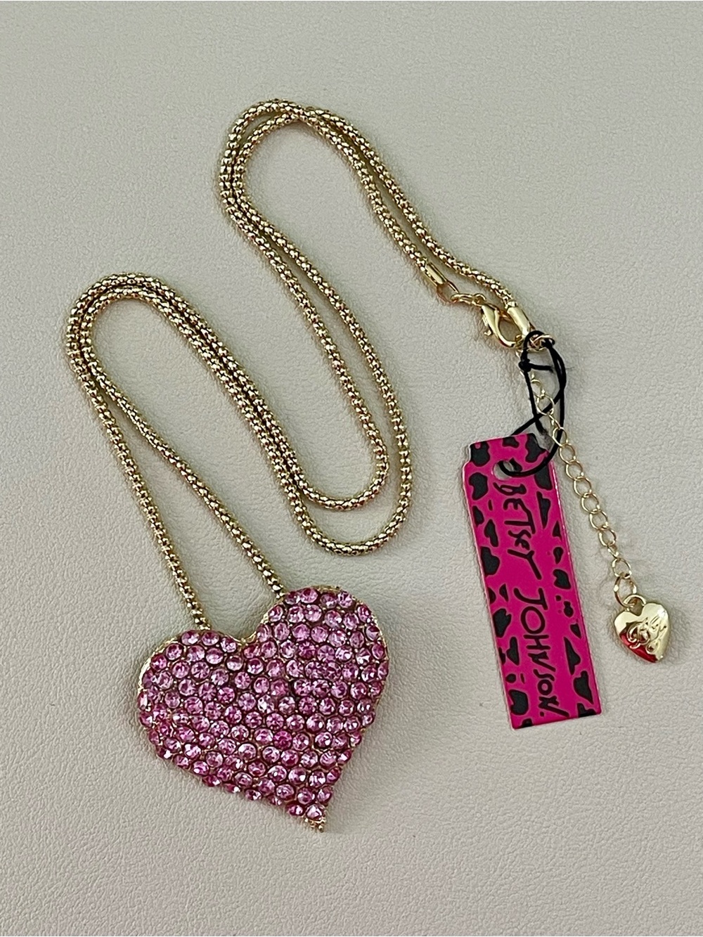 Betsey Johnson Gold-Tone Necklace with Pink Crystal Pave Heart Pendant - Picture 3 of 7